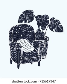 Vector illustration of cute armchair with wooden legs and Monstera plant in pot in black and white colors. Isolated object on white background