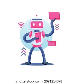 Vector illustration of cute artificial smiling robot dancing background.
