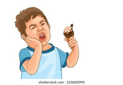 Ilustración vectorial de un niño asiático lindo con dolor de muelas mientras come un cono de helado de chocolate, niño con dolor intolerable, dolor dental, blanco. Cuidado con la caries dental en los niños.