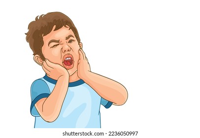 Vector illustration of cute asian boy having toothache on both sides,hand on cheek,boy suffering from intolerable pain,tooth pain,isolated on white.Oral health,Watch out for tooth decay in children.