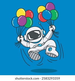 vector illustration of a cute astronaut floating while carrying lots of balloons
