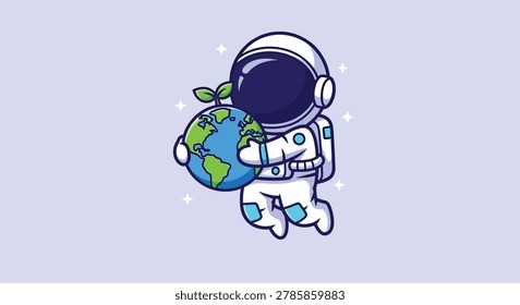 A vector illustration of a cute astronaut floating in space and holding a small globe with a green plant sprout on top