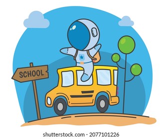 Vector illustration of cute astronaut goes to school on school bus. back to school and study with classmate