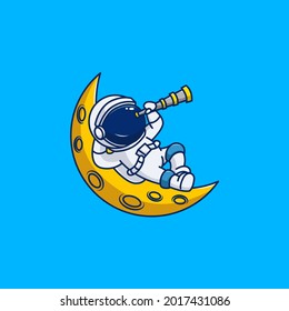 
vector illustration of cute astronaut holding binoculars and sleeping on the moon