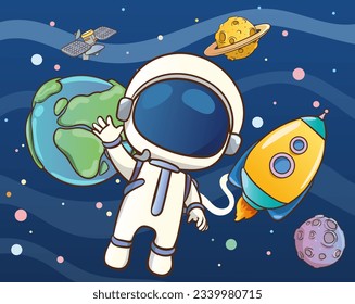 Vector illustration of a cute astronaut in outer space and planets and stars in the background.