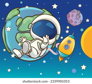 Vector illustration of a cute astronaut in outer space and planets and stars in the background.