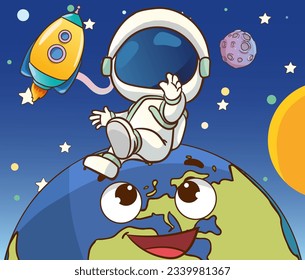 Vector illustration of a cute astronaut in outer space and planets and stars in the background.
