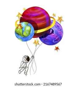 Vector illustration, cute astronaut in space. Birthday in space, astronaut on balloons. Festive mood, party, gifts.