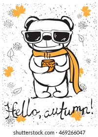 Vector illustration of cute autumn bear for invitation, greeting card design, t-shirt print, inspiration poster.