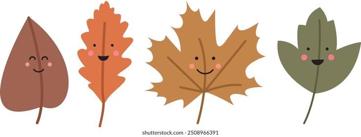 Vector illustration of cute autumn kawaii leaves. Colorful set with smily faces.	