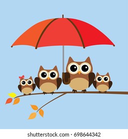 vector illustration of a cute autumn owl family under umbrella