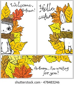 Vector illustration of cute autumn rabbit and cat for invitation, greeting card design, t-shirt print, inspiration poster.
