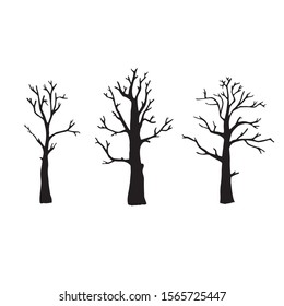 Vector illustration.  Cute autumn or winter set of naked trees without leaves isolated on white. Hand drawn simple doodle clipart. For logo, banner, poster, holiday wrapping, pattern.