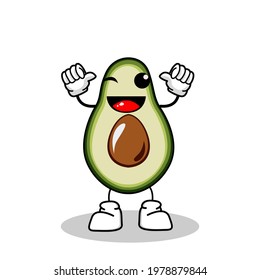 Vektorgrafik eines süßen Avocado-Charakters mit einem glücklichen Ausdruck mit dem Eigentum in seiner Hand, ein süßer Avocado-Charakter zu einem Maskottchen mit einem Avocado-Thema und Avocado-Charaktergrafik