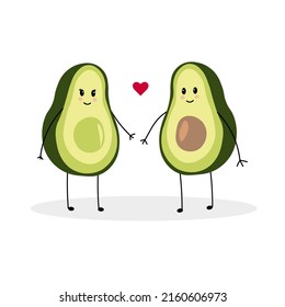 Vector illustration of cute avocado characters in love. Avocado characters on postcards