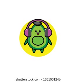 Vector illustration of a cute avocado fruit character listening to music
