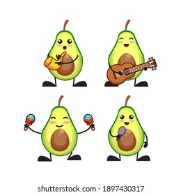 vector illustration of cute avocado fruit playing music theme bundle set. cute avocado fruit Concept White Isolated. Flat Cartoon Style Suitable for Landing Page, Banner, flyer, Sticker.