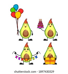 vector illustration of cute avocado fruit happy birthday theme bundle set. cute avocado fruit Concept White Isolated. Flat Cartoon Style Suitable for Landing Page, Banner, flyer, Sticker.