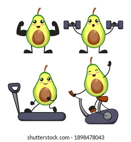 vector illustration of cute avocado fruit gym fitness theme bundle set. cute avocado fruit Concept White Isolated. Flat Cartoon Style Suitable for Landing Page, Banner, flyer, Sticker.