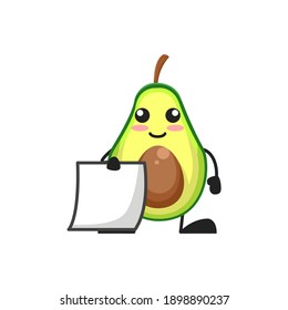 vector illustration of cute avocado fruit with blank paper. cute avocado fruit Concept White Isolated. Flat Cartoon Style Suitable for Landing Page, Banner, Flyer, Sticker.