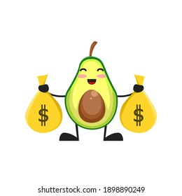 vector illustration of cute avocado fruit business or character holding money sack. cute avocado fruit Concept White Isolated. Flat Cartoon Style Suitable for Landing Page, Banner, Flyer, Sticker.