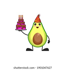 vector illustration of cute avocado fruit birthday or character holding cake. cute avocado fruit Concept White Isolated. Flat Cartoon Style Suitable for Landing Page, Banner, Flyer, Sticker.