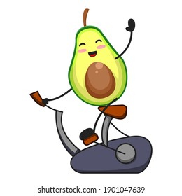 vector illustration of cute avocado fruit fitness or character with static bike. cute avocado fruit Concept White Isolated. Flat Cartoon Style Suitable for Landing Page, Banner, Flyer, Sticker.