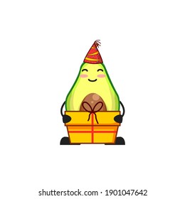vector illustration of cute avocado fruit birthday or character holding gift box. cute avocado fruit Concept White Isolated. Flat Cartoon Style Suitable for Landing Page, Banner, Flyer, Sticker.