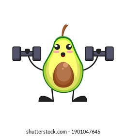 vector illustration of cute avocado fruit fitness or character holding barbell. cute avocado fruit Concept White Isolated. Flat Cartoon Style Suitable for Landing Page, Banner, Flyer, Sticker.