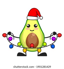 vector illustration of cute avocado fruit christmas or character holding lamp color. cute avocado fruit Concept White Isolated. Flat Cartoon Style Suitable for Landing Page, Banner, Flyer, Sticker.