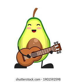 vector illustration of cute avocado fruit music or character playing guitar. cute avocado fruit Concept White Isolated. Flat Cartoon Style Suitable for Landing Page, Banner, Flyer, Sticker.