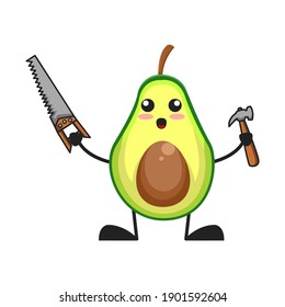 vector illustration of cute avocado fruit service or character holding saw hammer. cute avocado fruit Concept White Isolated. Flat Cartoon Style Suitable for Landing Page, Banner, Flyer, Sticker.