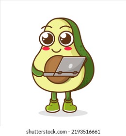 vector illustration of cute avocado fruit business or character holding laptop. cute avocado fruit Concept White Isolated.