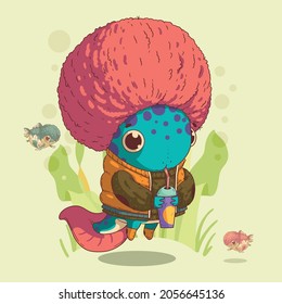 Vector illustration of cute axolotl kid with a pink afro haircut. Drinking soda at the ocean bottom among the algae and small fish