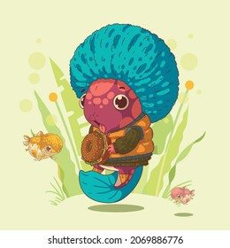 Vector illustration of cute axolotl with turquoise afro haircut wearing green sweater and yellow vest eating cheeseburger with a great appetite. Street food restaurant chain mascot. Square cafe poster