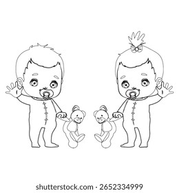 Vector illustration of cute babies for coloring, little boy and girl.