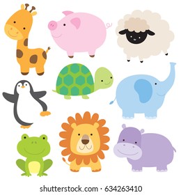 Vector Illustration Of Cute Baby Animal Including Giraffe, Pig, Turtle, Sheep, Penguin, Elephant, Frog, Lion And Hippo.