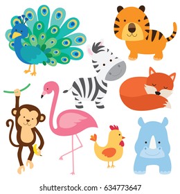 Vector illustration of cute baby animal including peacock, flamingo, zebra, tiger, fox, monkey, chicken and rhino.