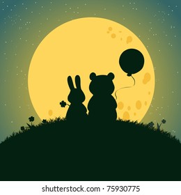 Vector illustration, cute baby animals under moonlight, card concept.