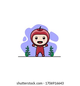 Imagen vectorial de un lindo bebé con disfraz de manzana. Un bebé con uniforme de fruta. 