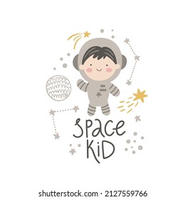 vector illustration, cute baby astronaut in cosmos and space kid hand lettering text, hand drawn style image