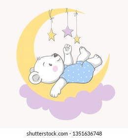 Vector illustration of a cute baby bear, lying on the moon, and playing with the stars.