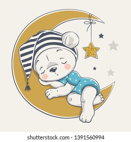 Vector illustration of a cute baby bear, sleeping on the moon. 