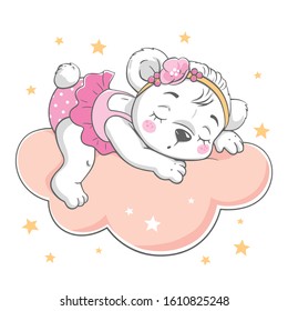 Vector illustration of a cute baby bear, sleeping on the cloud among the stars.