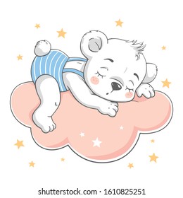 Vector illustration of a cute baby bear, sleeping on the cloud among the stars.