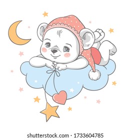 Vector illustration of a cute baby bear in pink nightwear, lying on the cloud among the stars.