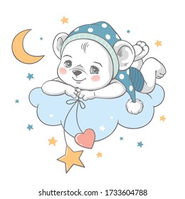 Vector illustration of a cute baby bear in blue nightwear, lying on the cloud among the stars.