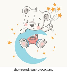 Ilustración vectorial de un lindo oso bebé en la luna azul con un ramo de estrellas.