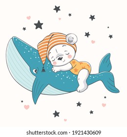 Vector illustration of a cute baby bear, sleeping on a whale among the stars.