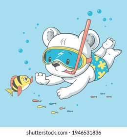 Vector illustration of a cute baby bear, diving underwater.